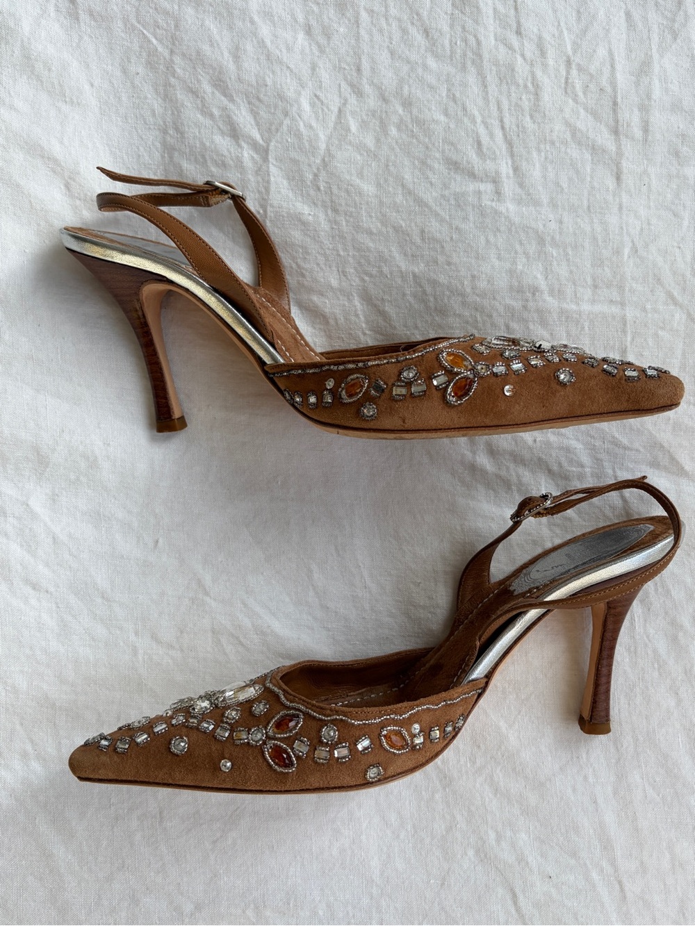 Vintage Rene Caovilla Crystal Rhinestone Suede Pointy Toe Heels Tan Silver - Picture 5 of 11